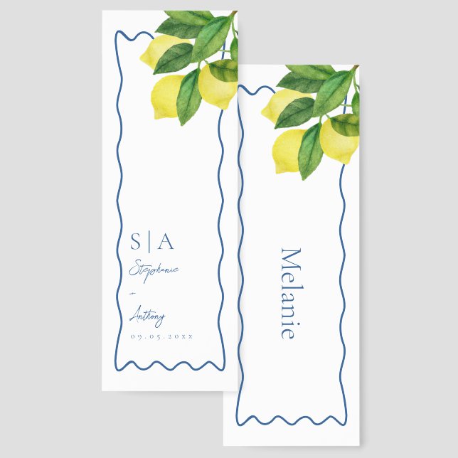Monograms Lemon Citrus, Blue Wave Border Wedding   Bookmarks (Front & Back)
