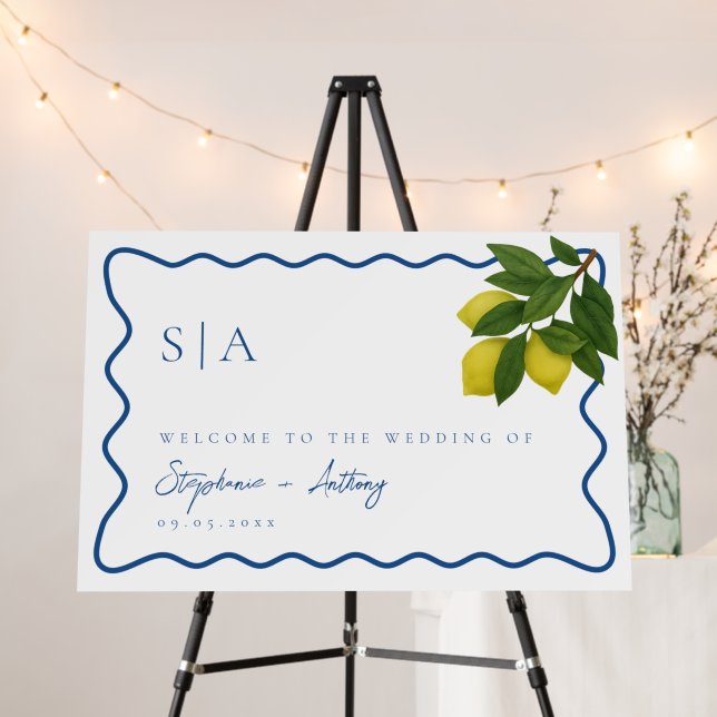 Monograms Lemon Citrus, Blue Wave Border Wedding   Foam Board (In Situ (Stand))