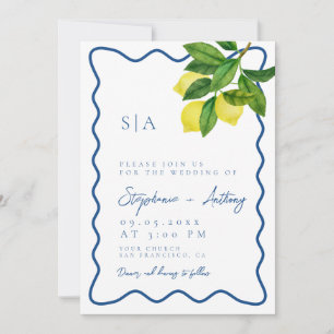 Monograms Lemon Citrus, Blue Wave Border Wedding   Invitation
