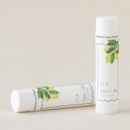 Monograms Lemon Citrus, Blue Wave Border Wedding  