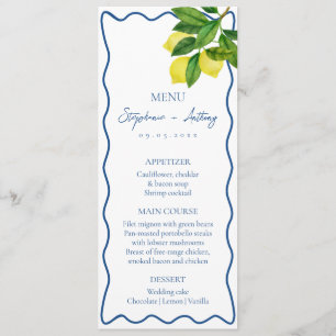 Monograms Lemon Citrus, Blue Wave Border Wedding Menu
