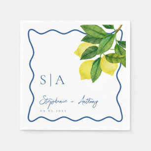 Monograms Lemon Citrus, Blue Wave Border Wedding   Napkins