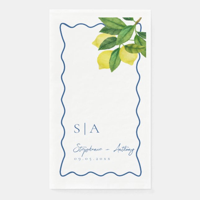 Monograms Lemon Citrus, Blue Wave Border Wedding   Paper Guest Towels (Front)