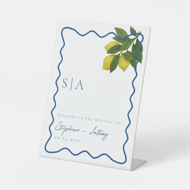 Monograms Lemon Citrus, Blue Wave Border Wedding   Pedestal Sign (Front)