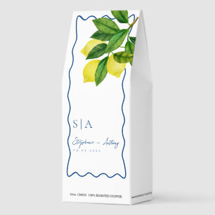 Monograms Lemon Citrus, Blue Wave Border Wedding   Roasted Coffee