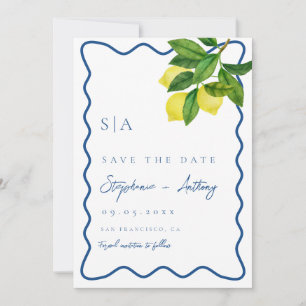 Monograms Lemon Citrus, Blue Wave Border Wedding Save The Date