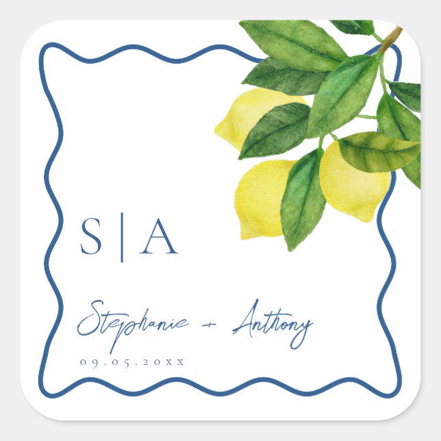Monograms Lemon Citrus, Blue Wave Border Wedding   Square Sticker (Front)