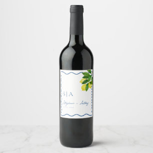 Monograms Lemon Citrus, Blue Wave Border Wedding Wine Label