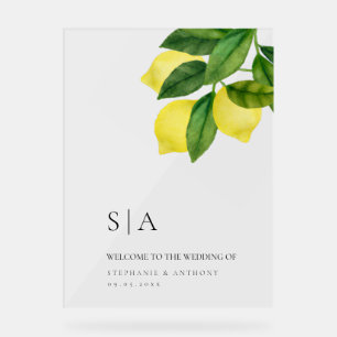 Monograms Lemon Citrus Branch Greenery Wedding Acrylic Sign