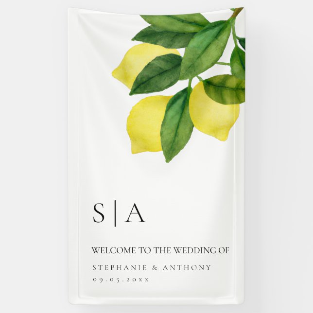 Monograms Lemon Citrus Branch Greenery Wedding  Banner (Vertical)