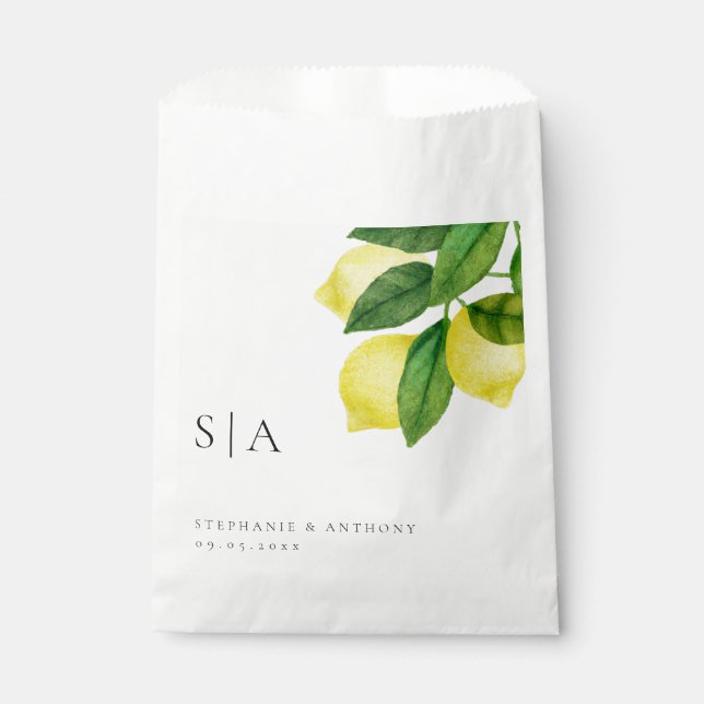 Monograms Lemon Citrus Branch Greenery Wedding  Favor Bag (Front)