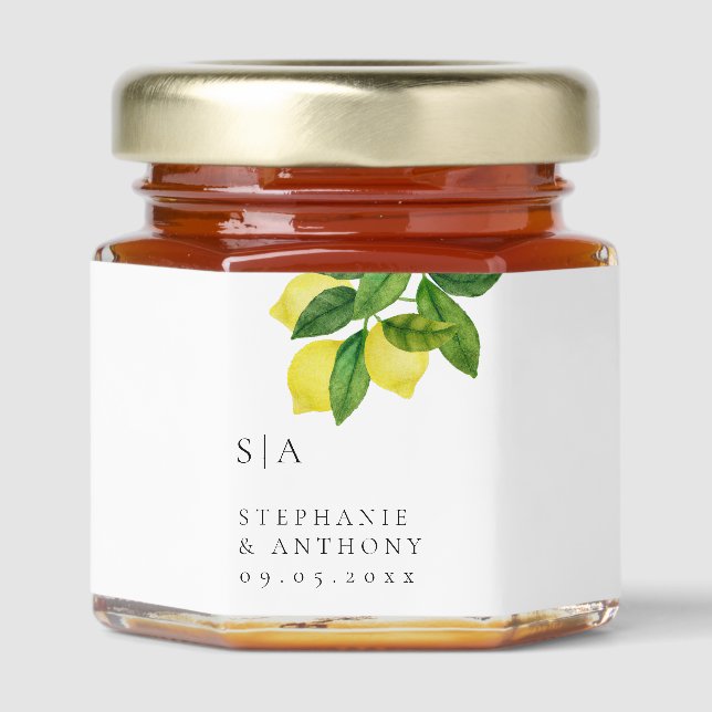 Monograms Lemon Citrus Branch Greenery Wedding  Honey Jar Favors (Front)