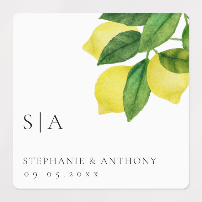 Monograms Lemon Citrus Branch Greenery Wedding  Labels (Design 1)