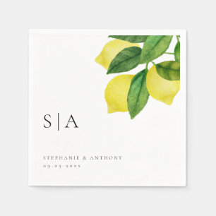 Monograms Lemon Citrus Branch Greenery Wedding Napkins