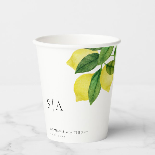 Monograms Lemon Citrus Branch Greenery Wedding  Paper Cups (Front)