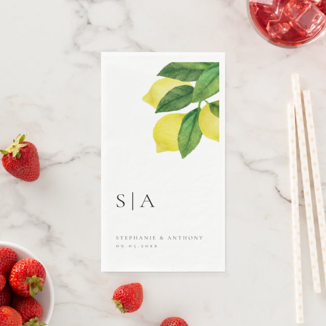 Monograms Lemon Citrus Branch Greenery Wedding  Paper Guest Towels (Insitu)