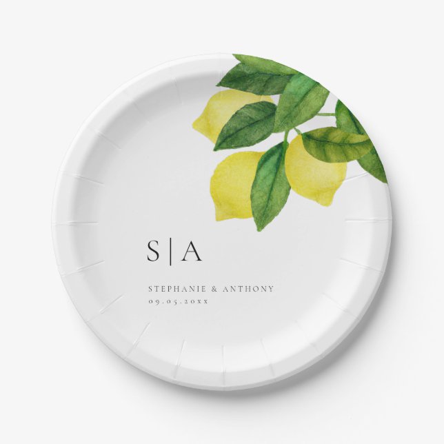Monograms Lemon Citrus Branch Greenery Wedding  Paper Plates (Front)