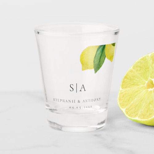 Monograms Lemon Citrus Branch Greenery Wedding    Shot Glass