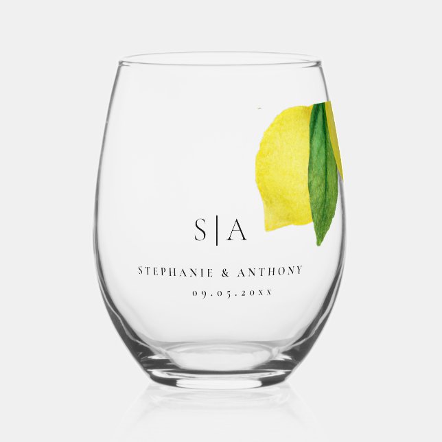 Monograms Lemon Citrus Branch Greenery Wedding    Stemless Wine Glass (Front)