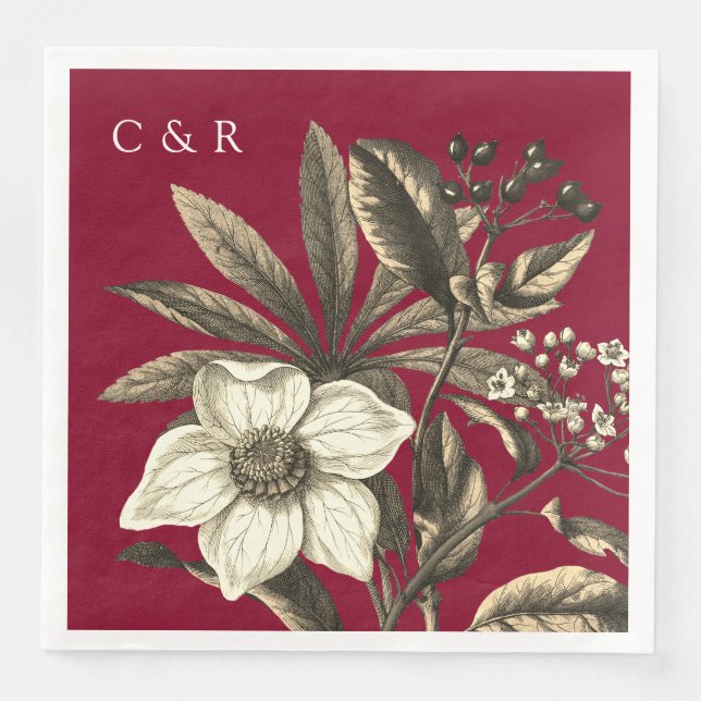 Monograms Modern Burgundy Beige Christmas Rose  Paper Dinner Napkins (Front)