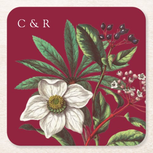 Monograms Modern Burgundy Red Christmas Rose  Square Paper Coaster