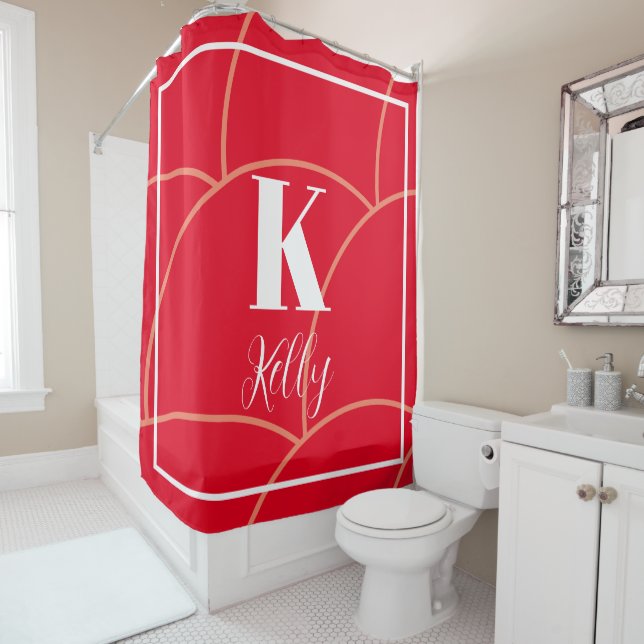 Monograms Name Orange Red White Retro Pattern Shower Curtain (In Situ)