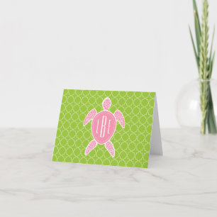Monograms Pink Sea Turtle Green Quatrefoil Note Card
