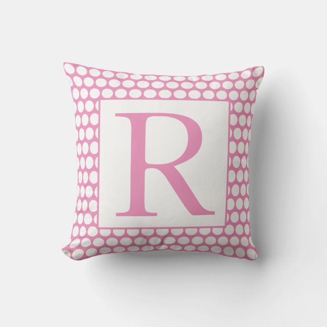 Monograms Pink White Polka Dots Trendy Girly Gift Outdoor Pillow (Front)