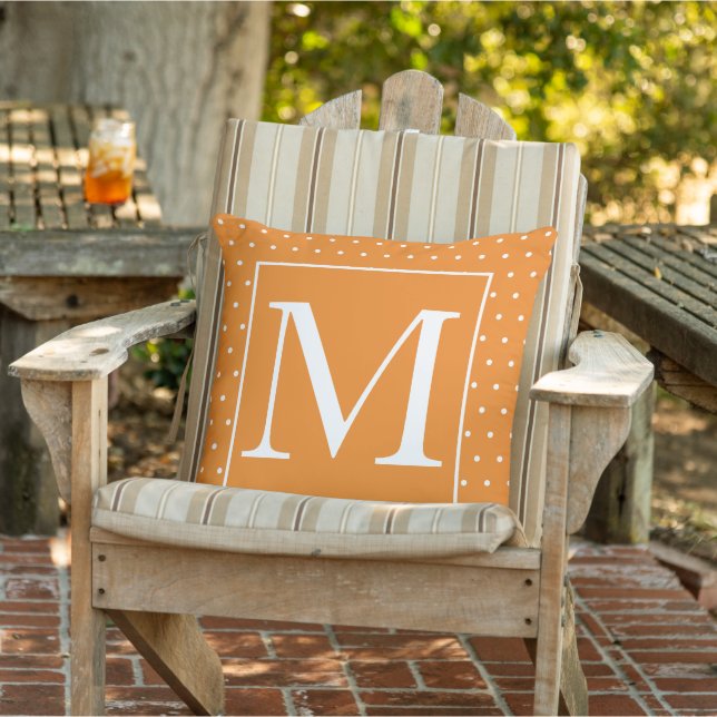 Monograms Pumpkin Orange White Polka Dots Autumn Outdoor Pillow (Chair)