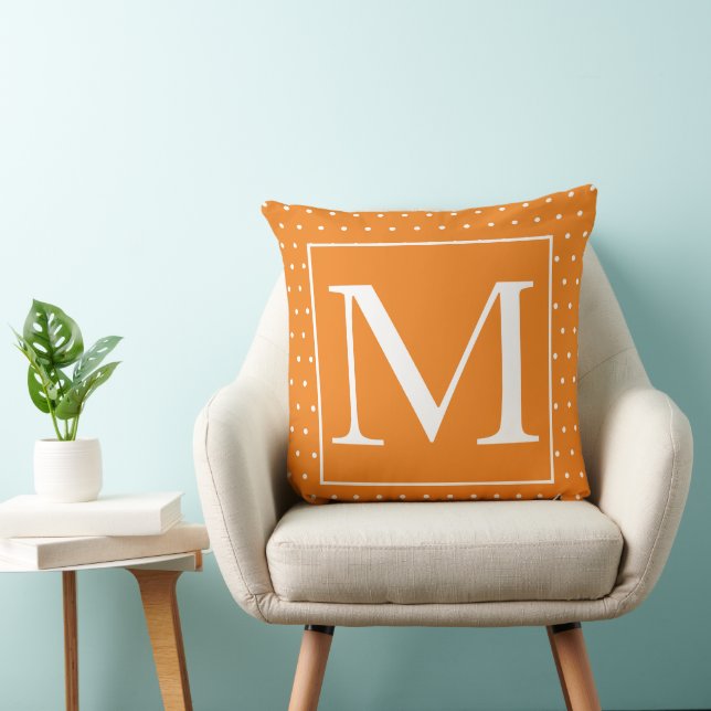 Monograms Pumpkin Orange White Polka Dots Autumn Throw Pillow (Chair)