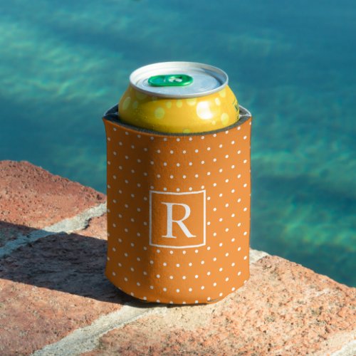 Monograms Pumpkin Orange White Polka Dots Fall Can Cooler