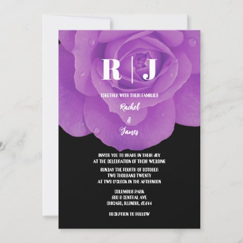 Monograms Purple Black Floral Rose Wedding Invitation