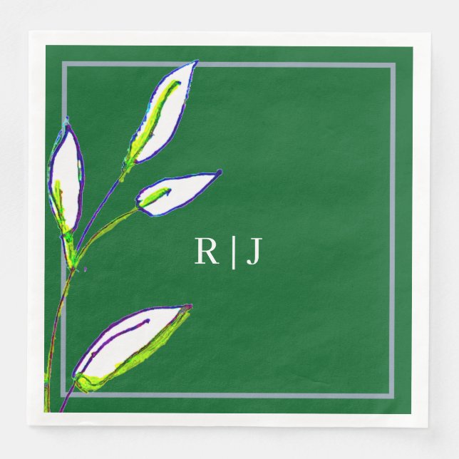 Monograms Sage Green Leaves Dusty Blue Wedding Paper Dinner Napkins (Front)