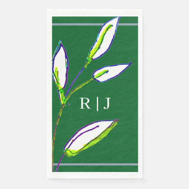 Monograms Sage Green Leaves Dusty Blue Wedding Paper Guest Towels (Front)