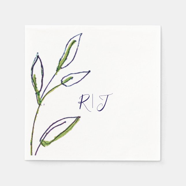 Monograms Sage Green Leaves Navy Blue Art Wedding Napkins (Front)