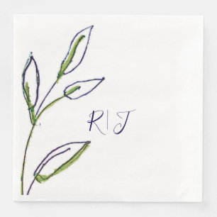 Monograms Sage Green Leaves Navy Blue Art Wedding Paper Dinner Napkins