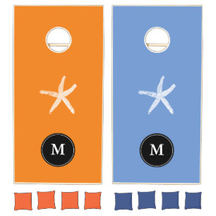 Monograms Starfish Family Beach House Orange Blue Cornhole Set