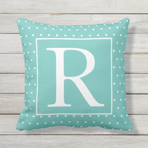 Monograms Teal Blue White Poka Dots Decor Gift Outdoor Pillow