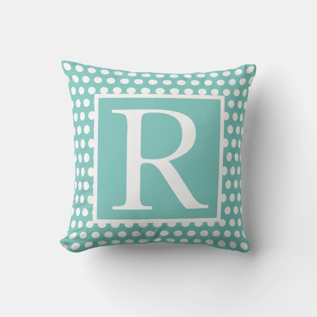 Monograms Teal Blue White Poka Dots Gift Favor Outdoor Pillow (Front)