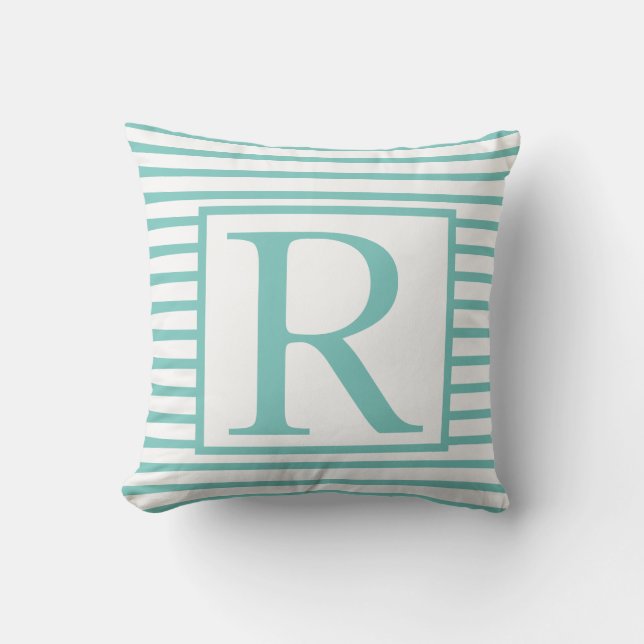 Monograms Teal Blue White Stripes Initials Name Outdoor Pillow (Front)