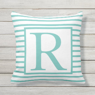Monograms Teal Blue White Stripes Initials Name Outdoor Pillow