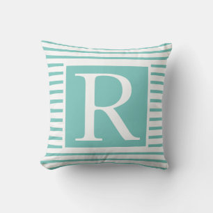 Monograms Teal Blue White Stripes Name Gift Favor Outdoor Pillow