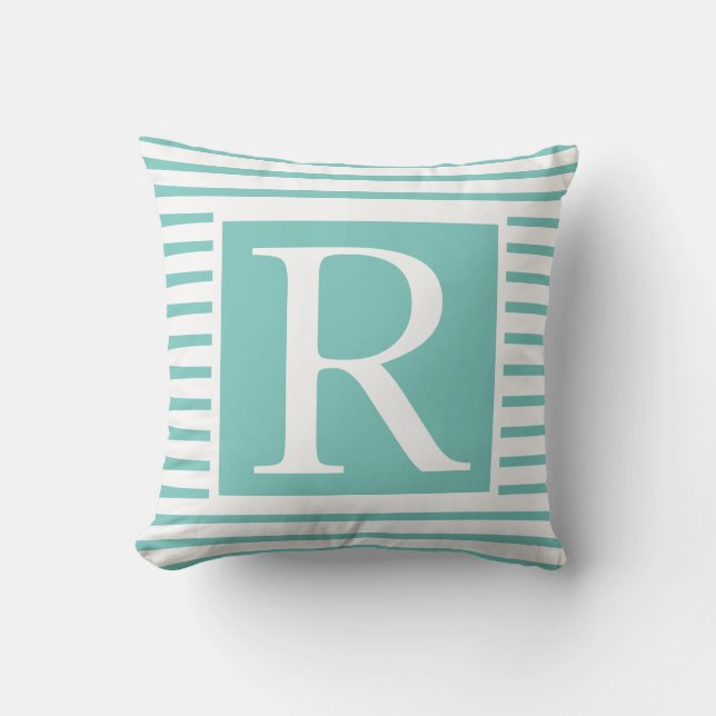 Monograms Teal Blue White Stripes Name Gift Favor Outdoor Pillow (Front)
