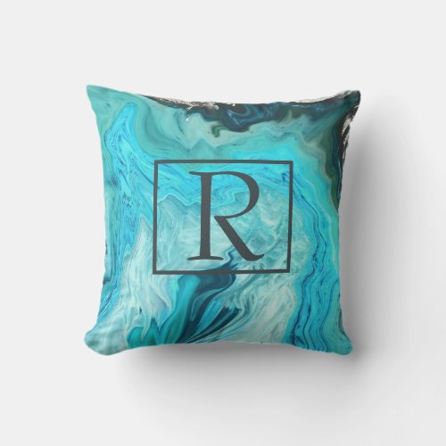 Monograms Teal White Grey Agate Stone Abstract Outdoor Pillow