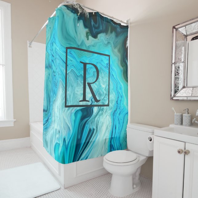 Monograms Teal White Grey Agate Stone Abstract Shower Curtain (In Situ)