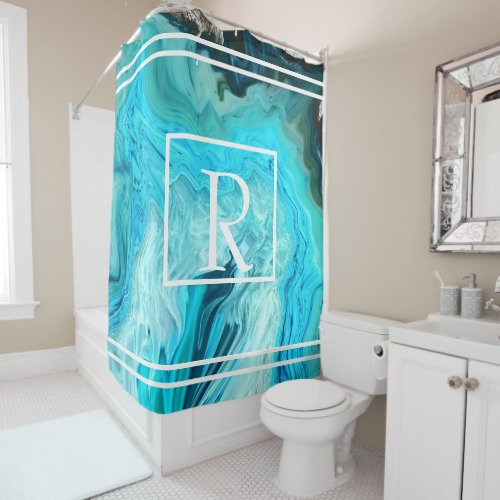 Monograms Teal White Stripes Agate Art Patterns Shower Curtain