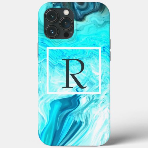 Monograms Teal White Stripes Agate Art Stylish iPhone 13 Pro Max Case