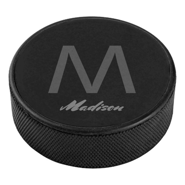 Monograms Wedding Gift Favor Elegant Grey Black Hockey Puck (3/4)