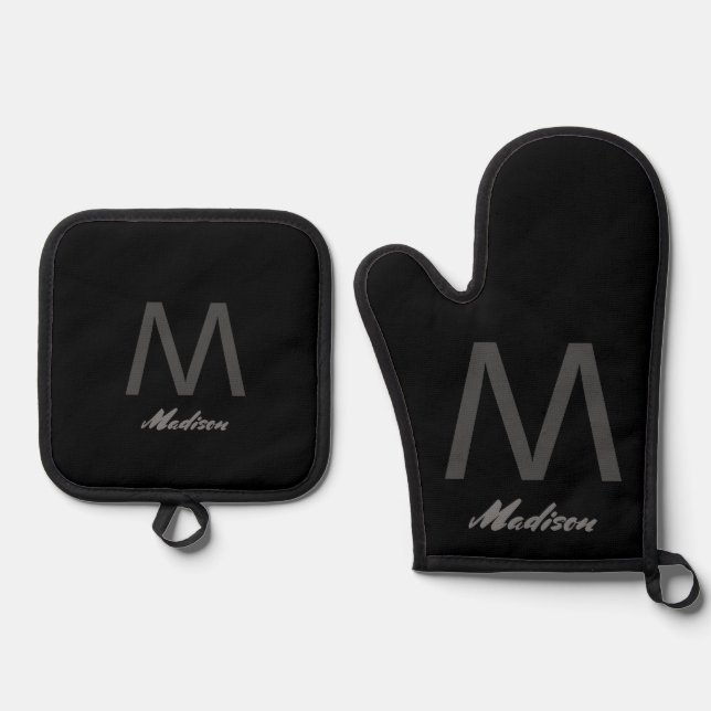 Monograms Wedding Gift Favor Elegant Grey Black Oven Mitt & Pot Holder Set (Front)