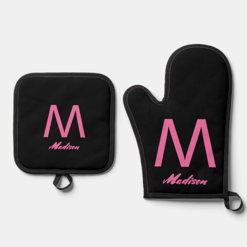 Monograms Wedding Gift Favor Elegant Pink Black Oven Mitt  Pot Holder Set